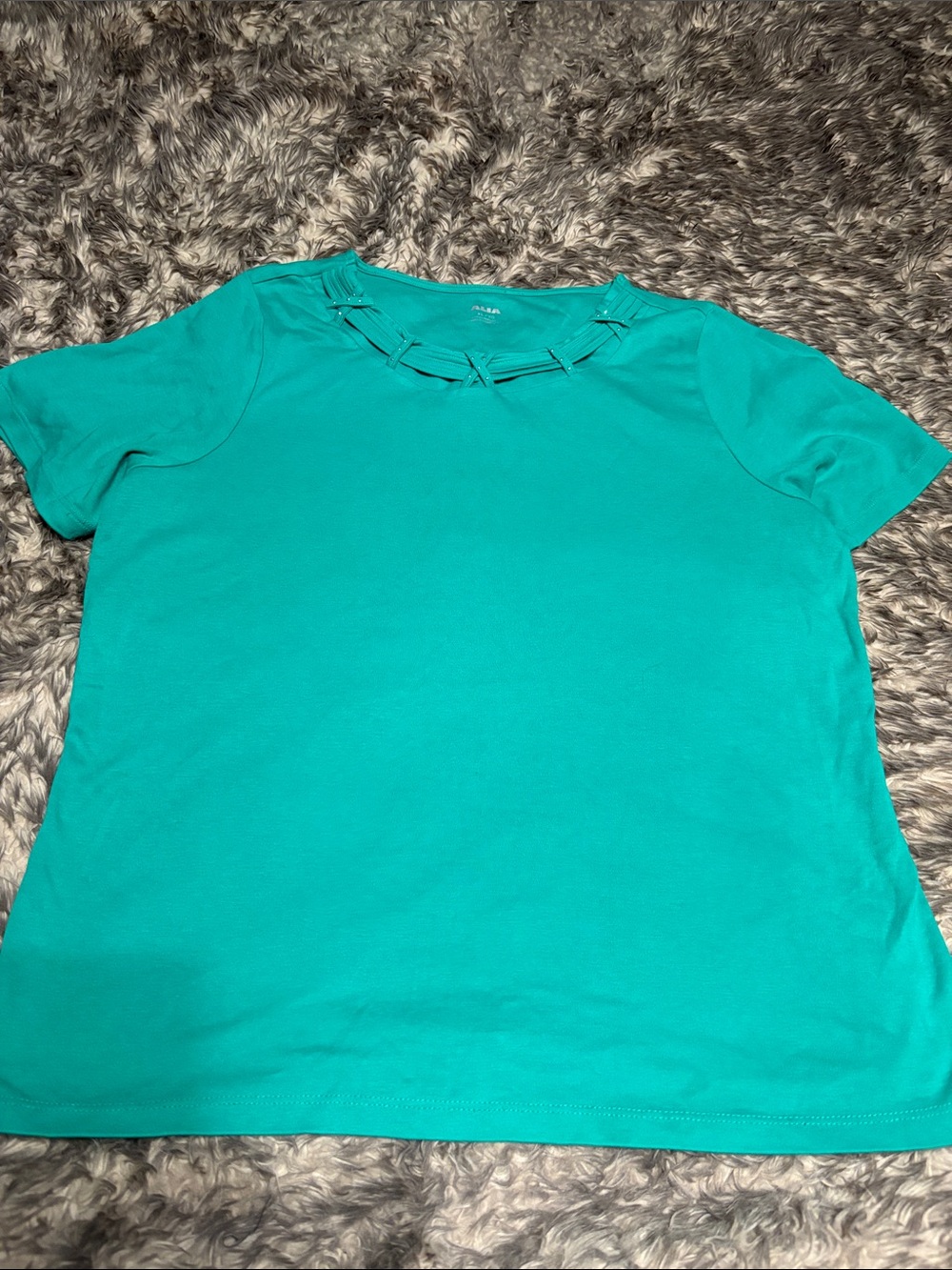 Alia Teal Short Sleeve Tee with Braided Neckline